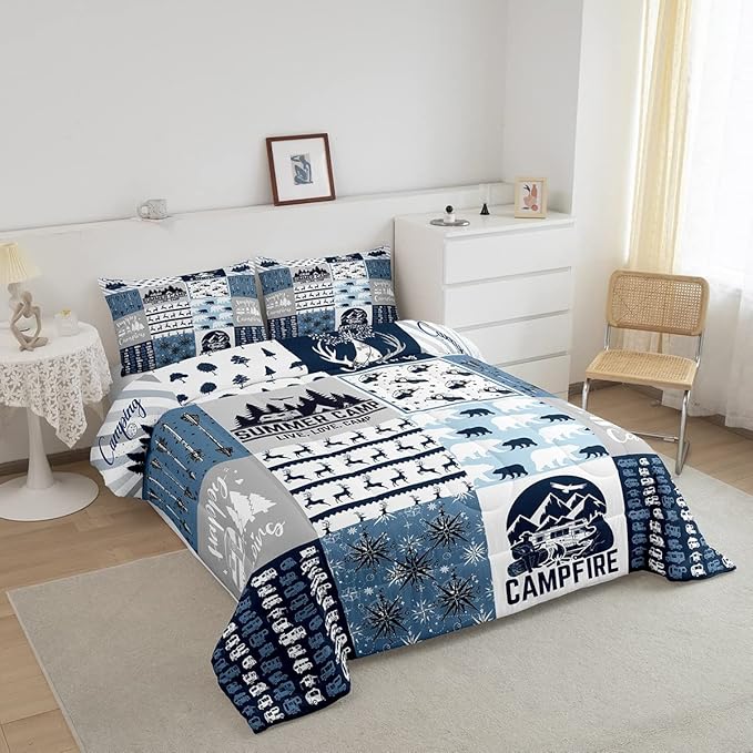Camper Gifts Comforter Set Twin, Happing Camping Gifts For Men Women, Blue Camper Bedding Set For Camping Lovers Campsite, Camping Down Comforter For RV Travel Hiking, Camper Decor, Buffalo Plaid - LeafyLoom