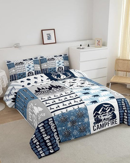 Erosebridal Happy Camping Bedding Set King Size for Boys Kids Teens, Camper Duvet Insert, Rustic Farmhouse Style Comforter Set, Sketch Drawing Camper Bedding, Camping Car Down Comforter, Blue - LeafyLoom