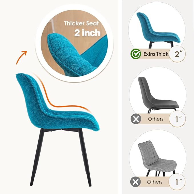 YOUNUOKE Comfortable Dining Chairs Set of 2, Mid-Century Modern Kitchen Dining Room Chairs, Upholstered Backrest Boucle Dining Chair with Black Metal, Teal - LeafyLoom