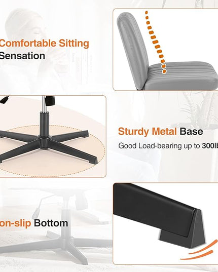 Sweetcrispy Office Chair No Wheels - Armless Desk Chair No Wheels Cross Legged Office Chair Wide Swivel Leather Home Office Desk Chairs - LeafyLoom