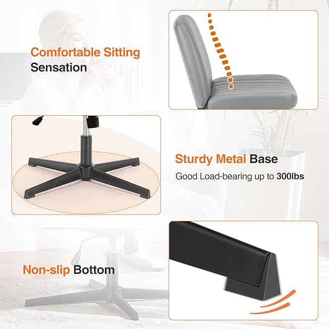 Sweetcrispy Office Chair No Wheels - Armless Desk Chair No Wheels Cross Legged Office Chair Wide Swivel Leather Home Office Desk Chairs - LeafyLoom