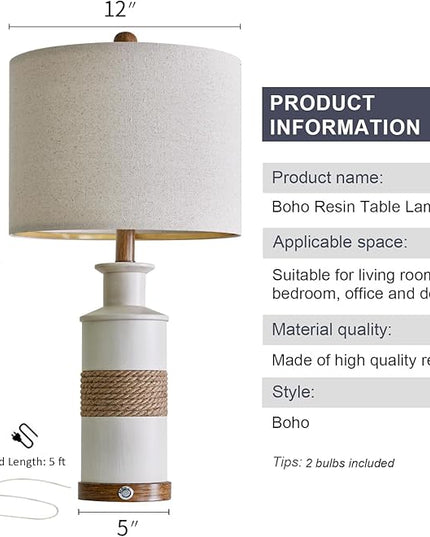 BOBOMOMO 24.5" USB A+C 3-Way Dimmable Touch Control Boho Table Lamp Set of 2 for Living Room Nightstand Beside Lamps for Bedroom(include two bulbs) - LeafyLoom