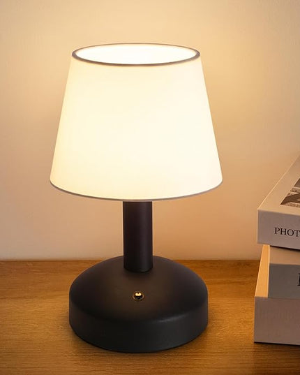 KDG Modern Cordless Small Table Lamp, Portable LED Fabric Shade Desk Lamps, 5000mAh Rechargeable Battery Operated Lighting for Bedroom, Bedside, Bar, Living Room, Dining Room, Night Light(Black) - LeafyLoom