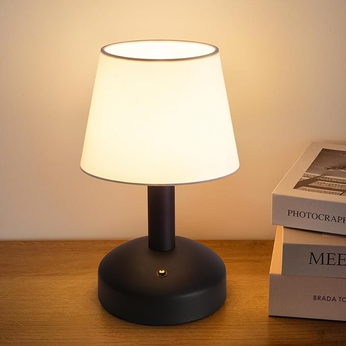 KDG Modern Cordless Small Table Lamp, Portable LED Fabric Shade Desk Lamps, 5000mAh Rechargeable Battery Operated Lighting for Bedroom, Bedside, Bar, Living Room, Dining Room, Night Light(Black) - LeafyLoom