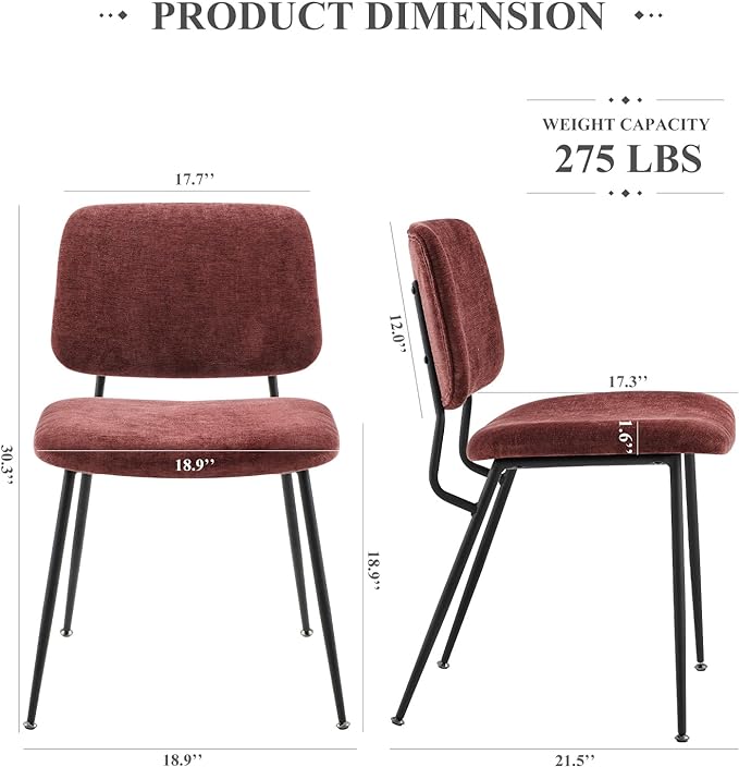 COLAMY Modern Upholstered Fabric Dining Room Accent Diner Stylish Kitchen Chairs with Solid Metal Legs, set of 2, Red - LeafyLoom