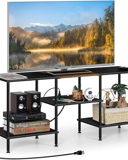 OYEAL Black Bedroom TV Stand with Storage Cabinet up to 50 inch TV, Small TV Console Table with Power Outlets 45 inch Media Entertainment Center for Living Room Bedroom - LeafyLoom