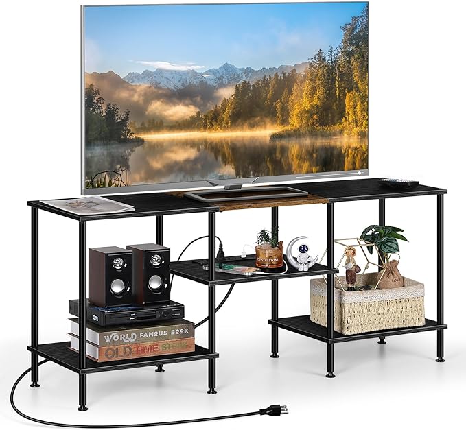 OYEAL Black Bedroom TV Stand with Storage Cabinet up to 50 inch TV, Small TV Console Table with Power Outlets 45 inch Media Entertainment Center for Living Room Bedroom - LeafyLoom