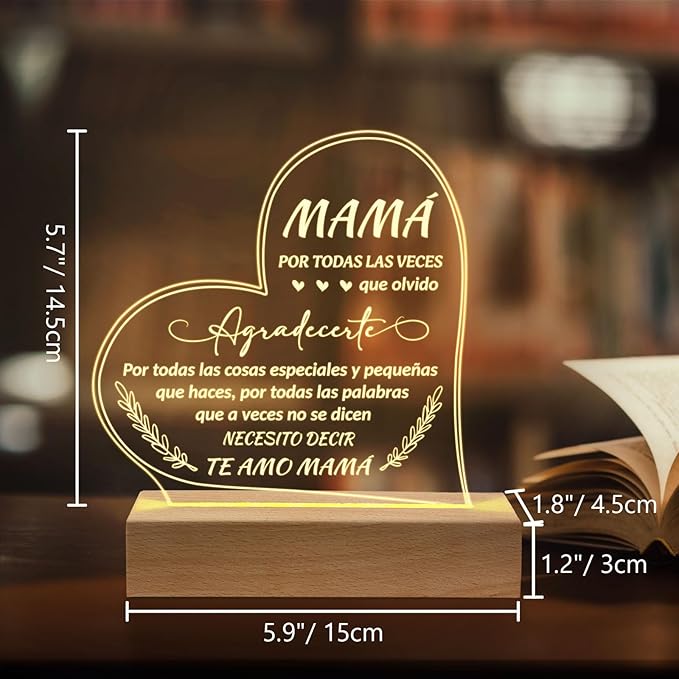Regalos para Mamá, Gifts for Mom in Spanish, Regalo De Cumpleaños Para Madre- Engraved Wooden Base Lamp Presents- Regalos Para Mujer, Mama Gifts - LeafyLoom