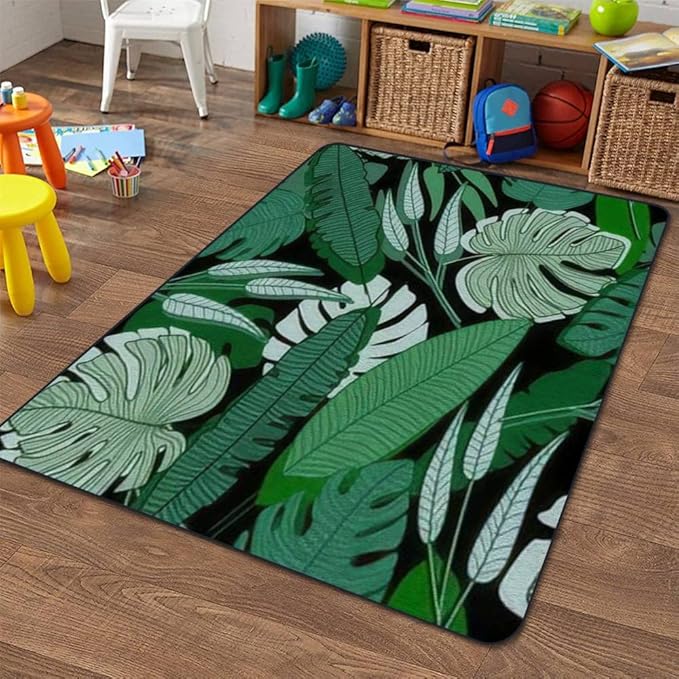 Soft Kids Play Area Rugs 3D Home Jungle Palm Leaf Seamless Ttropical Palm Leaves Design for Printing Plush Rugs Non Slip Shaggy Carpets for Kids' Bedroom Classroom Playroom Nursery Décor - LeafyLoom