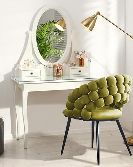 Sage Green Woven Velvet Barrel Accent Chairs with Black Metal Legs, Upholstered Side Chair for Dining Room Vanity Living Room - LeafyLoom