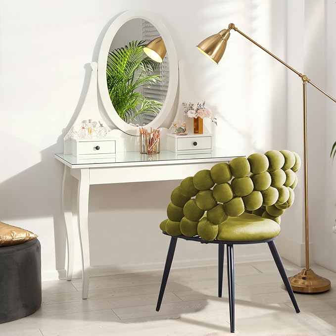 Sage Green Woven Velvet Barrel Accent Chairs with Black Metal Legs, Upholstered Side Chair for Dining Room Vanity Living Room - LeafyLoom