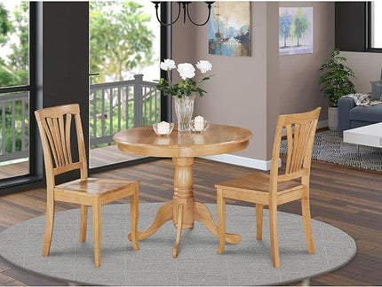 East West Furniture ANAV3-OAK-W 3 Piece Modern Set Contains a Round Kitchen Table with Pedestal and 2 Dining Chairs, 36x36 Inch - LeafyLoom