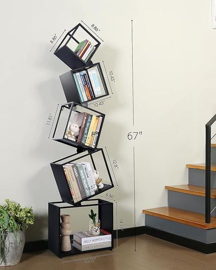 Bookshelf, 5-Tier Bookcase Black, 67" Tall Black Bookshelf, Modern Book Shelf, Storage Shelves for CDs/Books/Home Decor, Display Shelf for Living Room, Bedroom, Study Room, Nursery Room - LeafyLoom