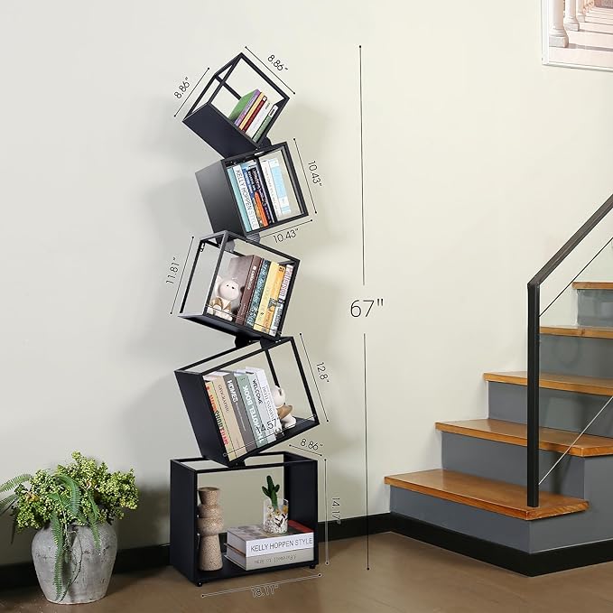 Bookshelf, 5-Tier Bookcase Black, 67" Tall Black Bookshelf, Modern Book Shelf, Storage Shelves for CDs/Books/Home Decor, Display Shelf for Living Room, Bedroom, Study Room, Nursery Room - LeafyLoom