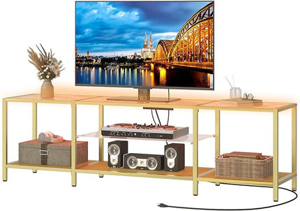 HOOBRO TV Stand with LED Lights and Power Outlets for TVs up to 75", Modern 70.9 Inch Tempered Glass TV Console Table with Open Shelves, Media Entertainment Center for Living Room, Gold GD185UDS01 - LeafyLoom