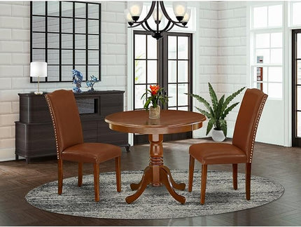East West Furniture Antique 3 Piece Room Furniture Set Contains a Round Dining Table with Pedestal and 2 Brown Faux Leather Upholstered Chairs, 36x36 Inch, ANEN3-MAH-66 - LeafyLoom