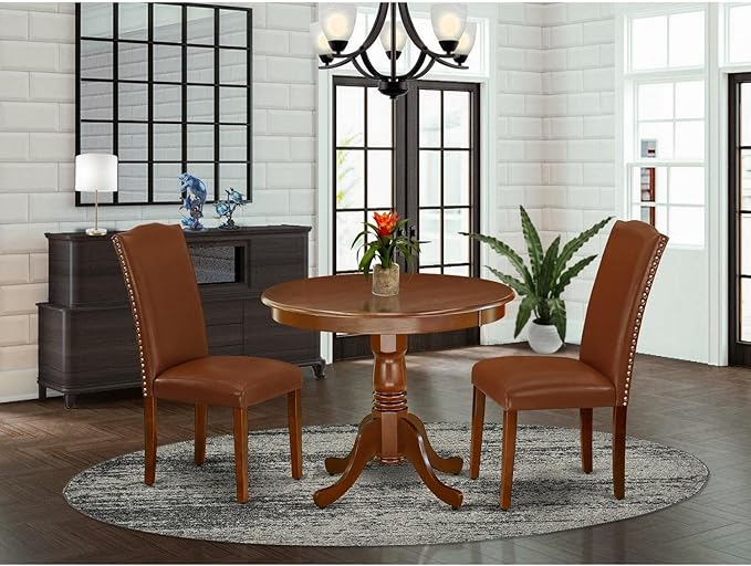 East West Furniture Antique 3 Piece Room Furniture Set Contains a Round Dining Table with Pedestal and 2 Brown Faux Leather Upholstered Chairs, 36x36 Inch, ANEN3-MAH-66 - LeafyLoom
