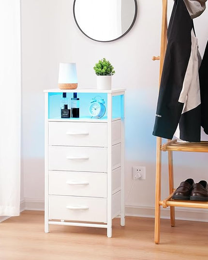 Yoobure LED Nightstand with Charging Station, Tall Dressers for Bedroom, White Night Stand with 4 Storage Drawers, Bedside Table for Closet, Fabric Side Table, End Table in Living Room - LeafyLoom