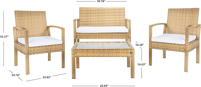 SAFAVIEH Outdoor Collection Bassey Natural/White Cushion 4-Piece Conversation Patio Set PAT7507D - LeafyLoom