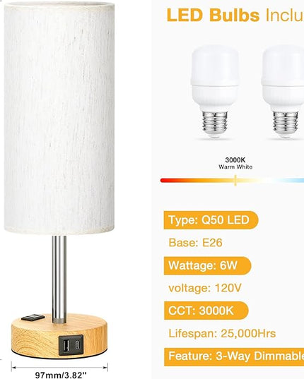 Touch Bedside Table Lamps Set - 3 Way Dimmable Bedroom Lamps Set of 2 with USB C and A Ports, Small Lamps for Nightstand with AC Outlet, Wood Base Round Flaxen Shade for Desk, Office, Dorm, Nursery - LeafyLoom