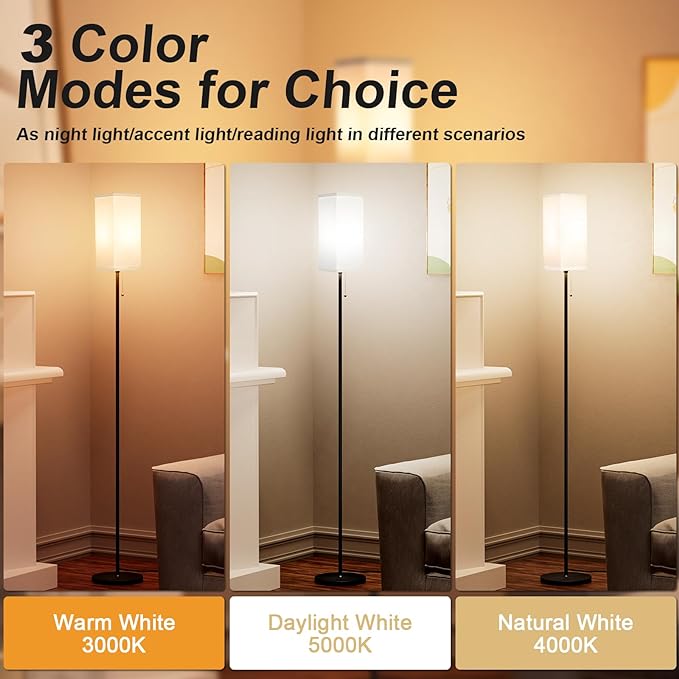 Tall Floor Lamp with Linen Shade - 3 Color Temperature, Black, LED Bulbs, Pull Chain Switch, Easy Assembly - LeafyLoom