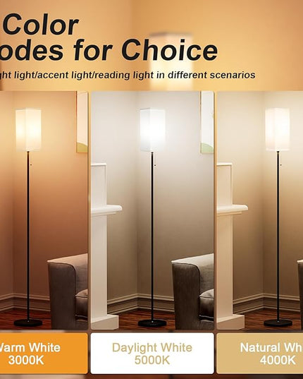 Tall Floor Lamp Set of 2 with Linen Shade - 3 Color Temperature, Black, LED Bulbs, Pull Chain Switch, Easy Assembly(2 Pack) - LeafyLoom