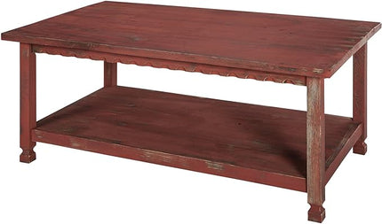 Rustic Rectangluar Coffee Table with 1 Shelf, Red Antique - LeafyLoom