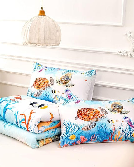 CVHOUSE Sea Turtle Comforter Set,Ocean Watercolor Sea Turtle Bedding Set for Kids Teens,Ocean Sea Turtle Comforter Sea Turtle Duvet Set Room Decor Quilt Set Twin Size - LeafyLoom