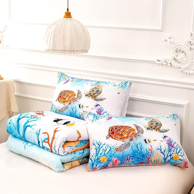 CVHOUSE Sea Turtle Comforter Set,Ocean Watercolor Sea Turtle Bedding Set for Kids Teens,Ocean Sea Turtle Comforter Sea Turtle Duvet Set Room Decor Quilt Set Twin Size - LeafyLoom