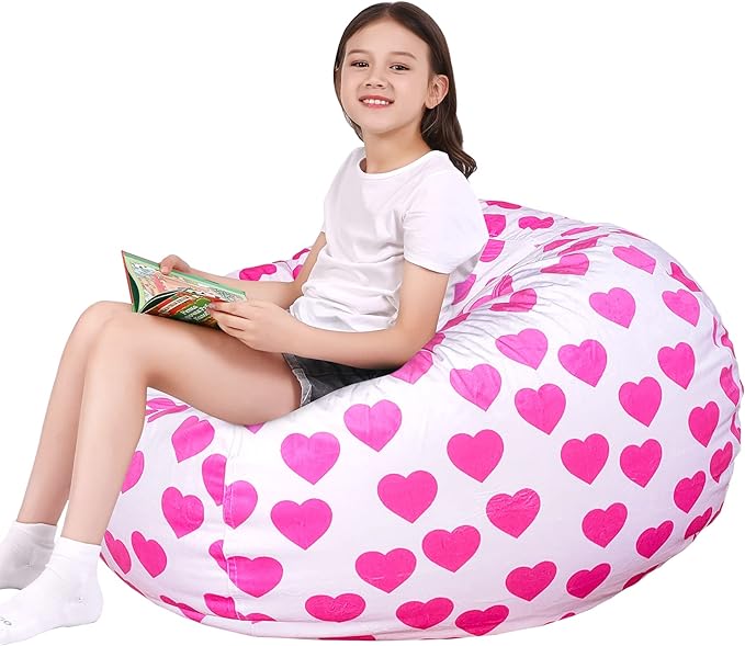 Lukeight Stuffed Animal Storage Bean Bag Chair Cover for Kids, Zipper Beanbag Chair Cover for Organizing Toddler & Kids' Rooms Plush Toys (Heart Velvet, XX-Large) - LeafyLoom