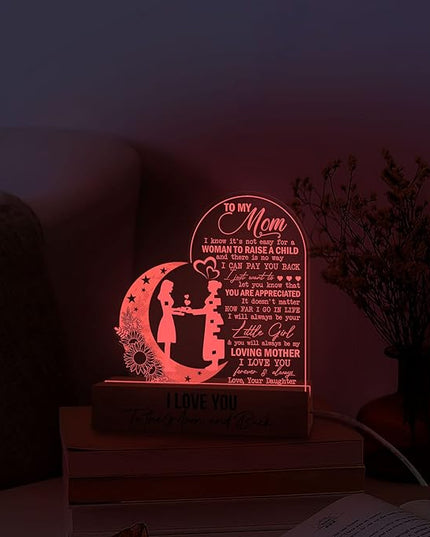 Mom 3D Illusion Lamp w/Wooden Base USB Powered, Mom Acrylic Night Light, to My Mom Gift from Son Kids, Bonus Mom Stepmom Gift, Lamp Present for Mom Mother, Gift for Birthday Mothers Day - LeafyLoom