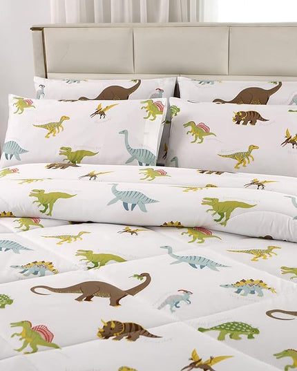 MAG 3Pcs Dinosaur Bedding Comforter Set, Dino White Base Twin Comforter Set,for Toddlers Kids,Boys Teens and Girls,Super Soft Microfiber, Twin Size (1 Comforter + 2 Pillowcases) - LeafyLoom