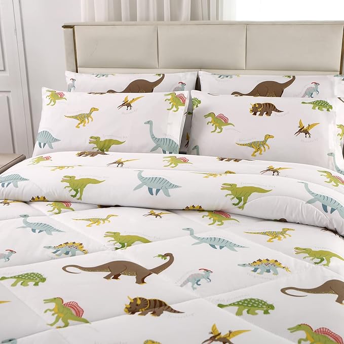 MAG 3Pcs Dinosaur Bedding Comforter Set, Dino White Base Twin Comforter Set,for Toddlers Kids,Boys Teens and Girls,Super Soft Microfiber, Twin Size (1 Comforter + 2 Pillowcases) - LeafyLoom