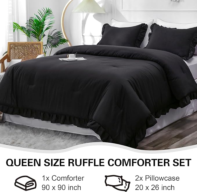 Black Double Ruffle Comforter Set Queen Size (90x90 Inch), 3 Pcs Farmhouse Vintage Comforter Set (1 Ruffled Comforter and 2 Pillowcase), Rustic All Season Down Alternative Bedding Set - LeafyLoom