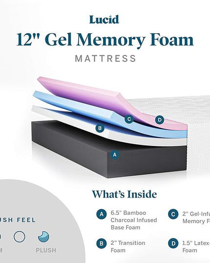 LUCID 12 Inch Memory Foam Mattress - Plush Feel - Memory Foam Infused with Bamboo Charcoal - Gel Infusions - CertiPUR-US Certified - Breathable - King - LeafyLoom