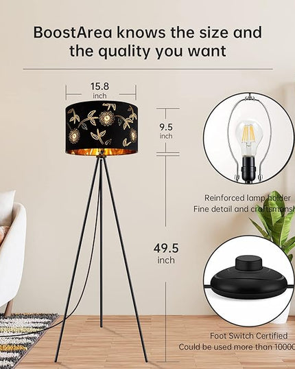BoostArea Flower Tripod Floor Lamp, Mid Century, 8W LED Bulb, Decorative Lamp Shade, Black Metal Pole, Suitable for Living Room, Bedroom, Study, Office - LeafyLoom