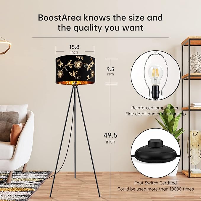 BoostArea Flower Tripod Floor Lamp, Mid Century, 8W LED Bulb, Decorative Lamp Shade, Black Metal Pole, Suitable for Living Room, Bedroom, Study, Office - LeafyLoom
