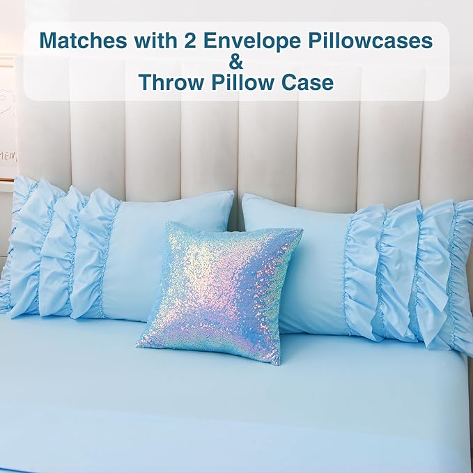 A Nice Night Waterfall Flutter Ruffle Comforter Set,Ruffled Textured Soft Chic Princess 6pcs Bedding Set,with Bling Shiny Sequin Throw Pillow Case,Blue,Full - LeafyLoom