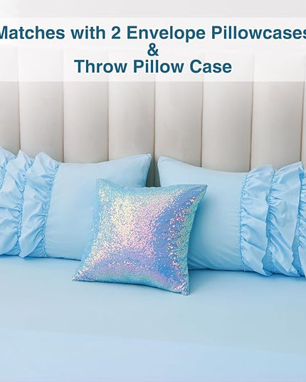 A Nice Night Waterfall Flutter Ruffle Comforter Set,Ruffled Textured Soft Chic Princess 6pcs Bedding Set,with Bling Shiny Sequin Throw Pillow Case,Blue,Queen - LeafyLoom