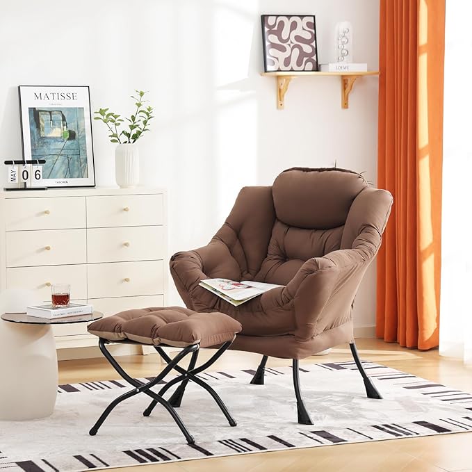 Cozy Lazy Chair and Ottoman, Large Contemporary Accent Lounge Chair Set, Leisure Upholstered Reading Armchair for Bedroom, Living Room, Dorm Rooms, Office - LeafyLoom