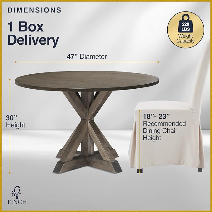 Finch Alfred Round Solid Wood Rustic Dining Table for Farmhouse Kitchen Room Decor, Wooden Trestle Pedestal Base, 46.5" Wide Circular Tabletop, Distressed Brown - LeafyLoom
