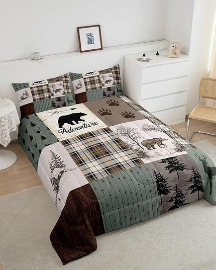 Rustic Farmhouse Kids Comforter Set King Size,Deer Antlers Bear Paws Plaids Patchwork Bedding Set for Boys Girls Adults Room Decor,Pine Trees Arrows Down Comforter,Xmas Duvet Insert,2 Pillowcases - LeafyLoom