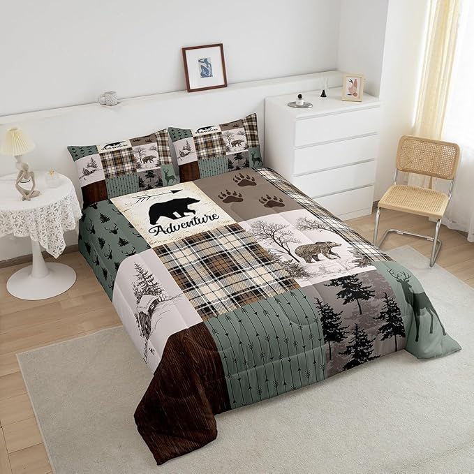 Rustic Farmhouse Kids Comforter Set King Size,Deer Antlers Bear Paws Plaids Patchwork Bedding Set for Boys Girls Adults Room Decor,Pine Trees Arrows Down Comforter,Xmas Duvet Insert,2 Pillowcases - LeafyLoom