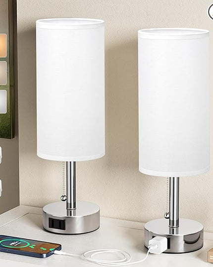 White Silver Bedside Table Lamps Set of 2-3 Color Temperatures Pull Chain Lamp with AC Outlet Charging Port, Two Round Night Stand Lamps for Bedroom, Small Bed Side Light with E26 LED Bulbs - LeafyLoom