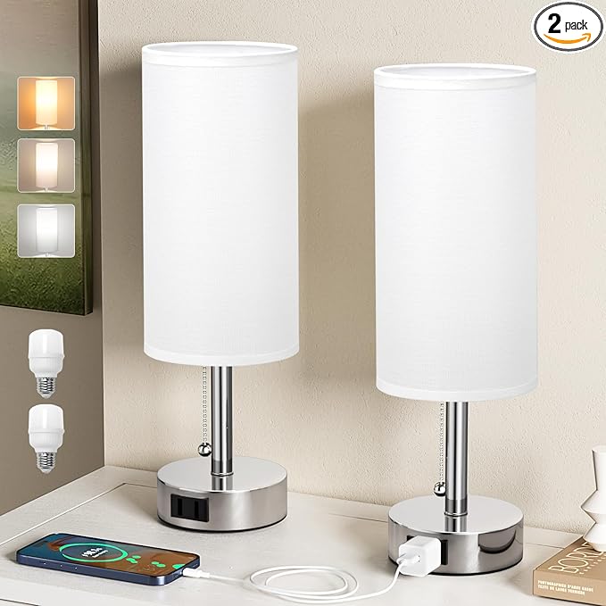 White Silver Bedside Table Lamps Set of 2-3 Color Temperatures Pull Chain Lamp with AC Outlet Charging Port, Two Round Night Stand Lamps for Bedroom, Small Bed Side Light with E26 LED Bulbs - LeafyLoom