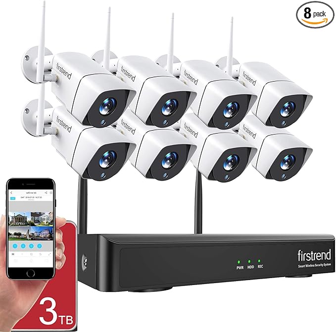 1080P Wireless Security Camera System, Firstrend 8CH Wireless NVR System with 8 pcs 1080P HD Security Camera and 3TB Hard Drive Pre-Installed, CCTV P2P for Indoor Outdoor for Home firstrend