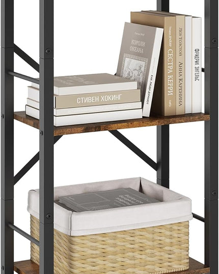 Tajsoon 3 Tier Ladder Shelf Industrial Small Bookcase, Narrow Small Bookshelf with Metal Frame, Multifunctional Skinny Shelf for Bedroom, Living Room, Home Office, Rustic Brown - LeafyLoom