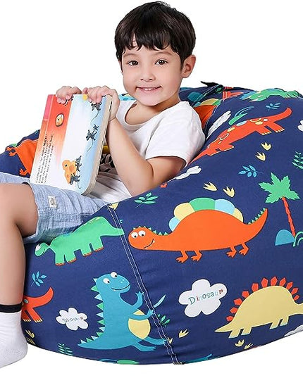 Lukeight Stuffed Animal Storage Bean Bag Chair Cover for Kids, Dinosaur Zipper Beanbag Chair Cover for Organizing Toddler & Kids' Rooms Plush Toys (Dinosaur, Large) - LeafyLoom