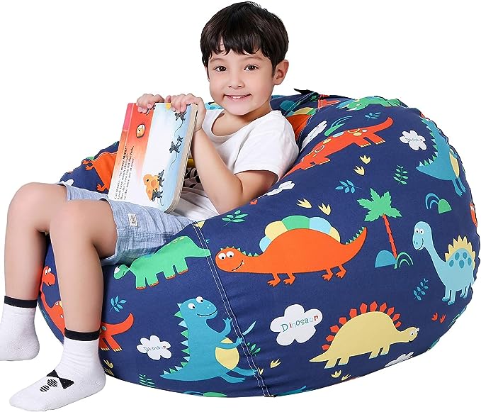 Lukeight Stuffed Animal Storage Bean Bag Chair Cover for Kids, Dinosaur Zipper Beanbag Chair Cover for Organizing Toddler & Kids' Rooms Plush Toys (Dinosaur, Large) - LeafyLoom
