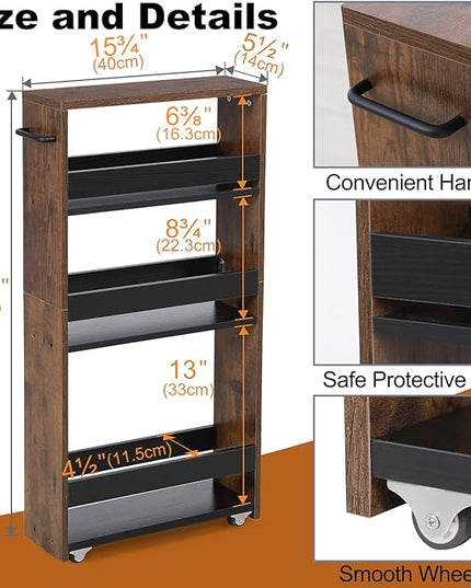 MARTY Slim Rolling Cart 4-Tier Utility Carts with Wheels Handle, Kitchen Storage Cart Slide Out Mobile Shelving Unit Organizer for Bathroom Laundry Room Organization Narrow Places (Rustic Brown) - LeafyLoom
